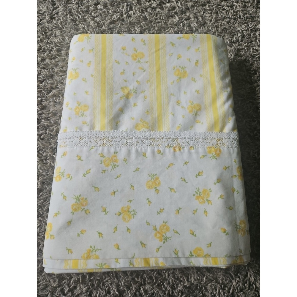 Vtg JC Penney Fashion Manor Flat Sheet Yellow Floral Cottage Rose 71x92 1 Pc